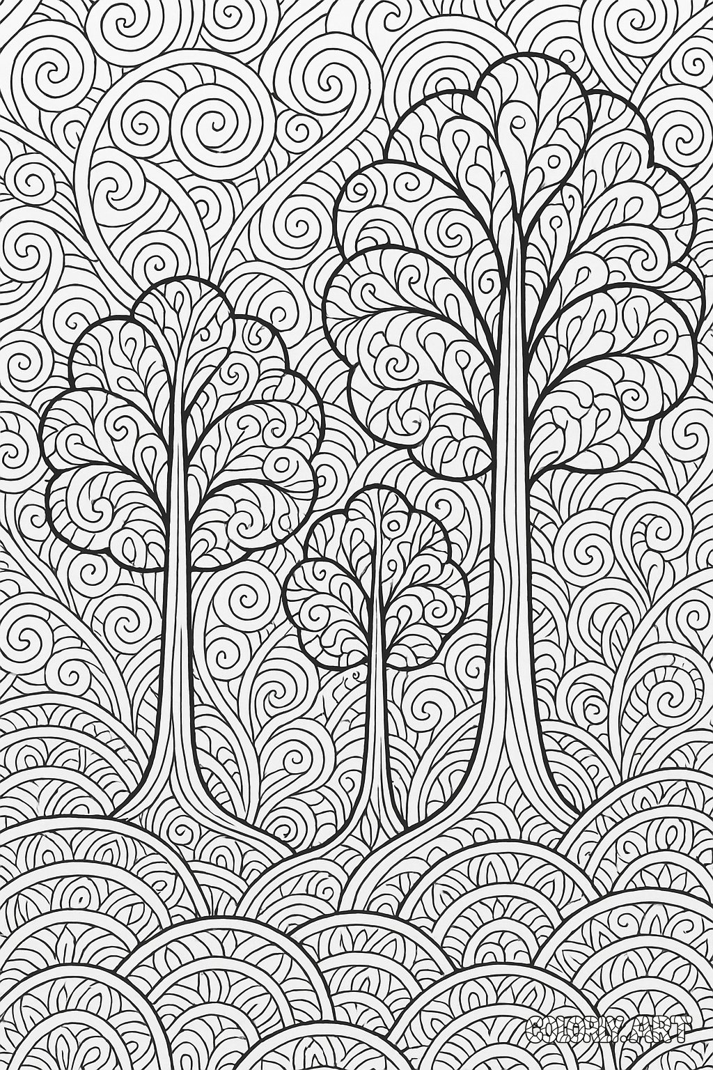 Abstract Tree Designs pattern Coloring Book Page Colorly.art