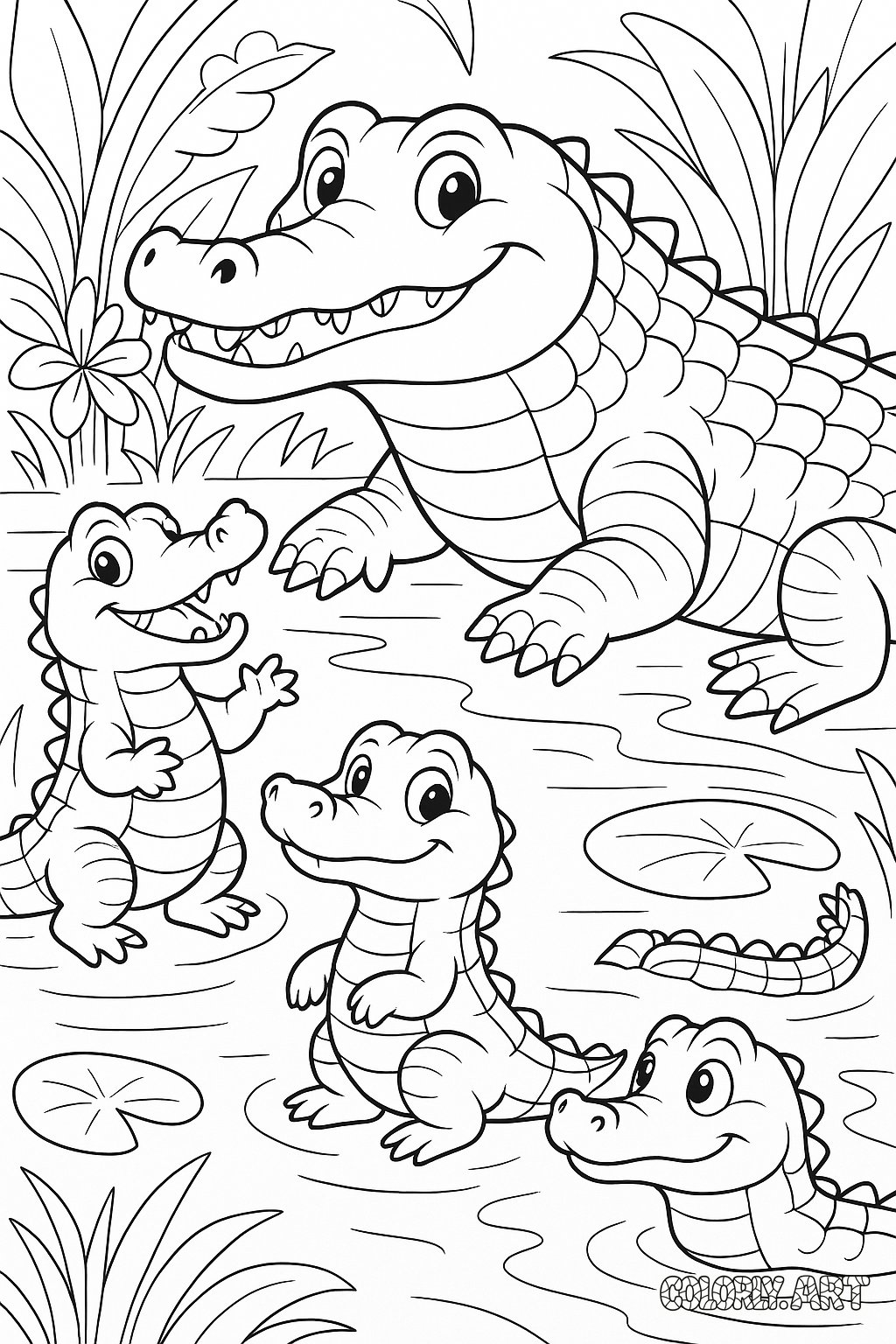 Alligator Family Portrait Coloring Book Page Colorly.art V2 