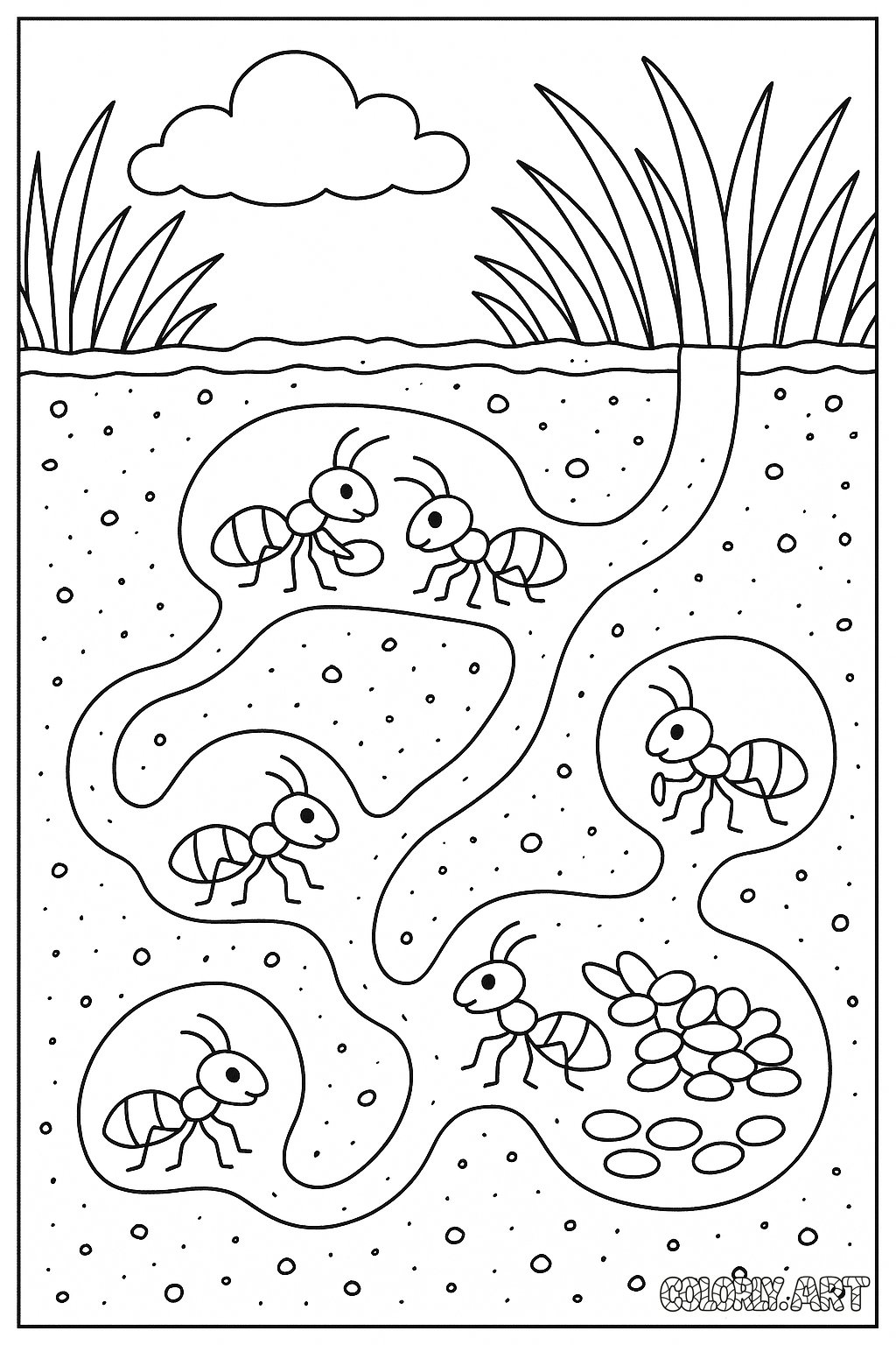 Ant Tunnel Maze Coloring Book Page Colorly.art V2 