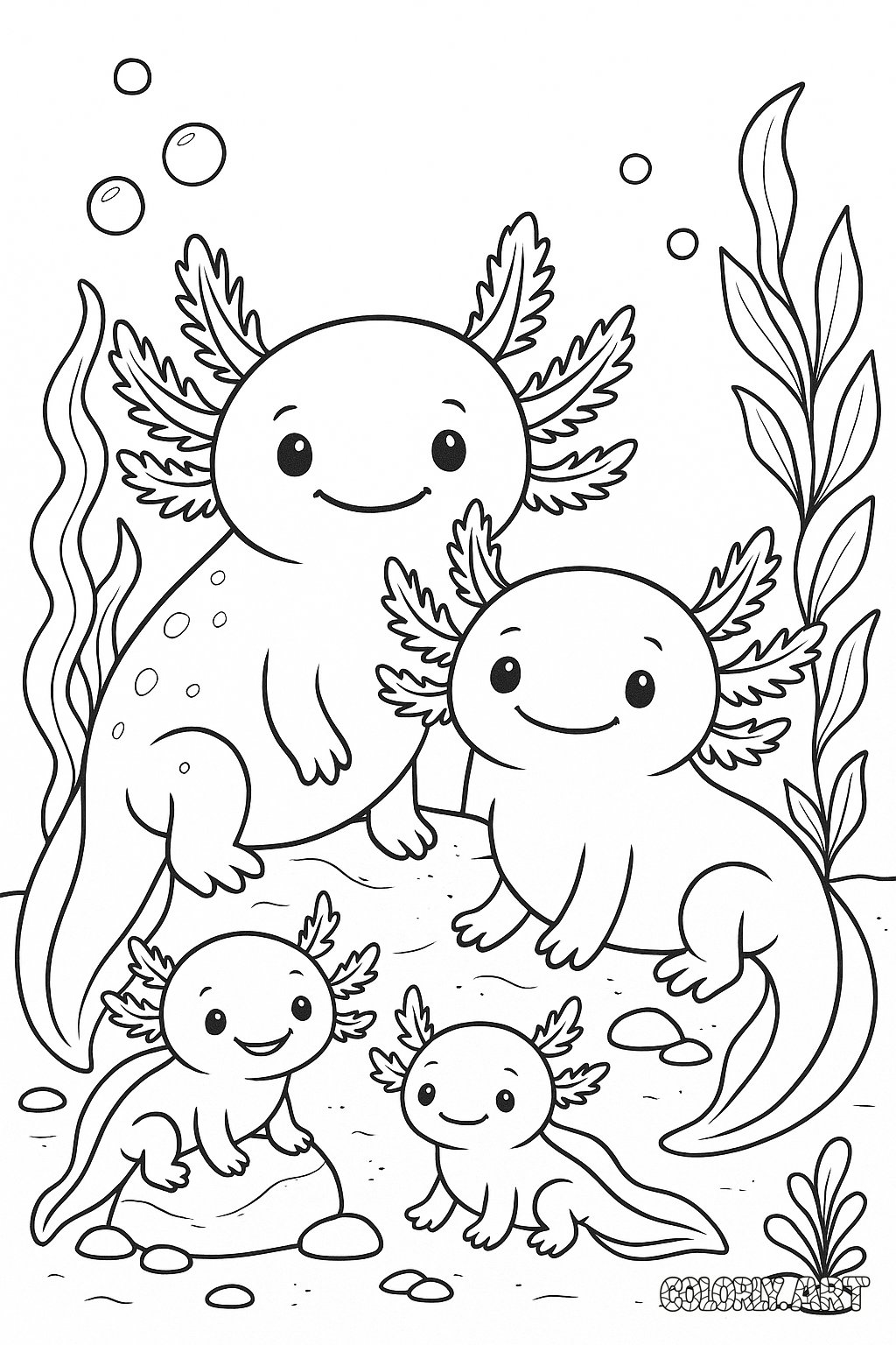 Axolotl Family Fun Coloring Book Page Colorly.art V2 
