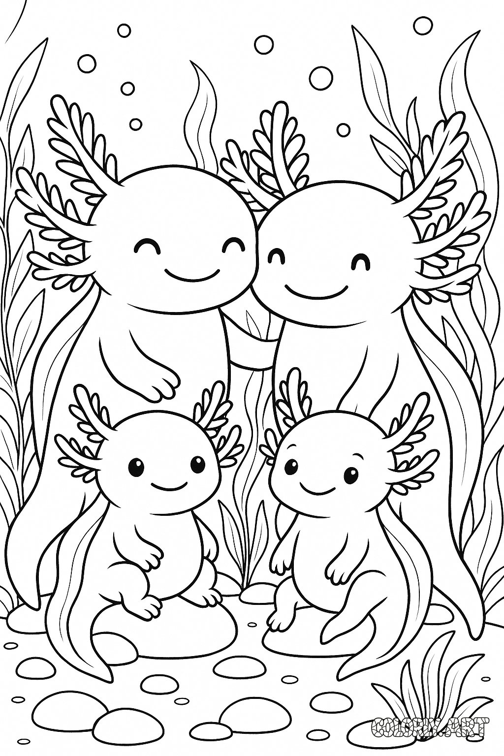 Axolotl Family Fun Coloring Book Page Colorly.art