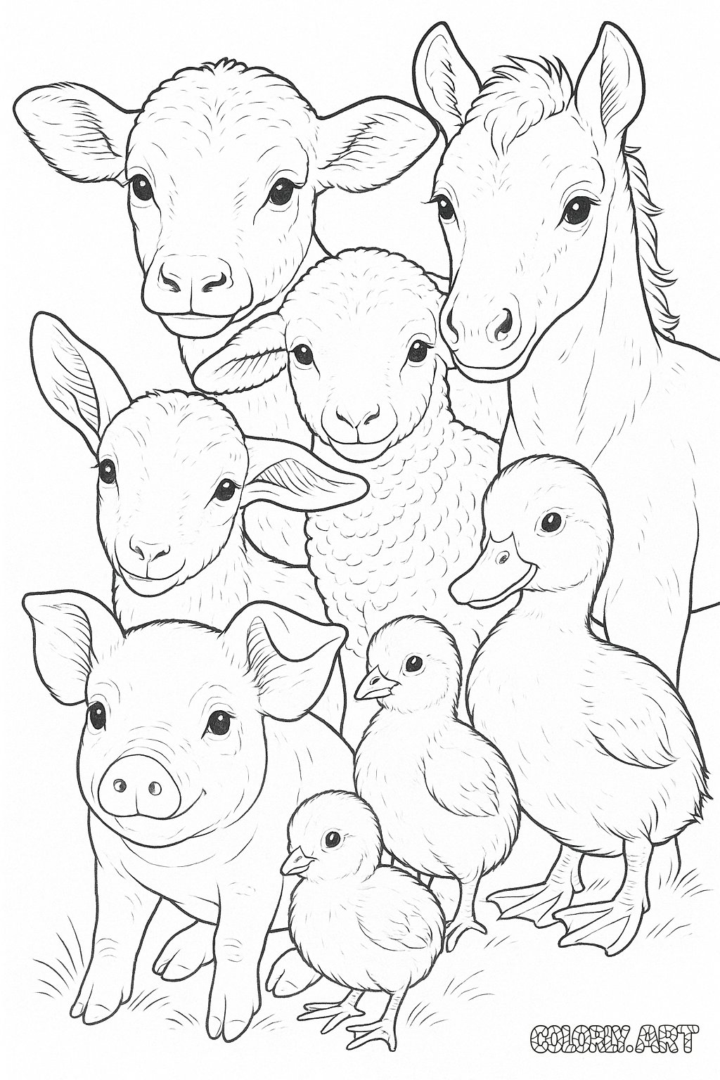 Baby Farm Animal Gathering Coloring Book Page Colorly.art V2 