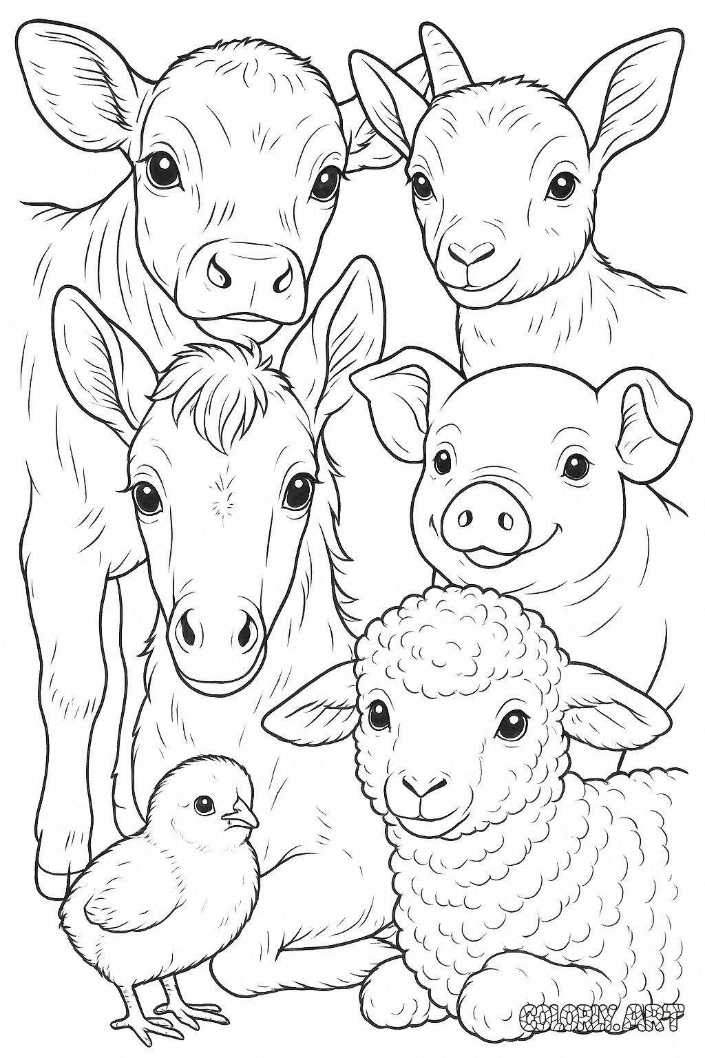 Baby Farm Animal Gathering Coloring Book Page Colorly.art