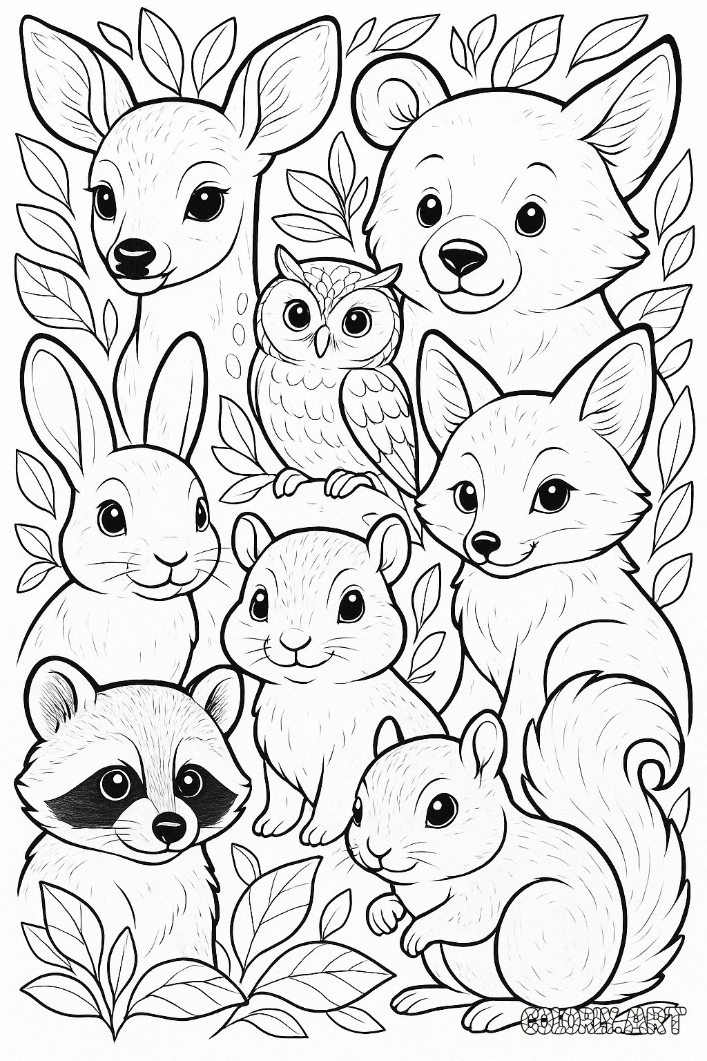 Baby Woodland Animal Mix Coloring Book Page Colorly.art V2 