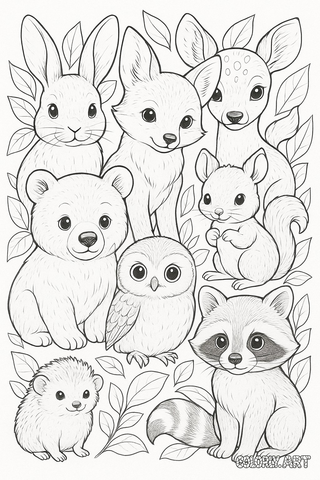 Baby Woodland Animal Mix Coloring Book Page Colorly.art