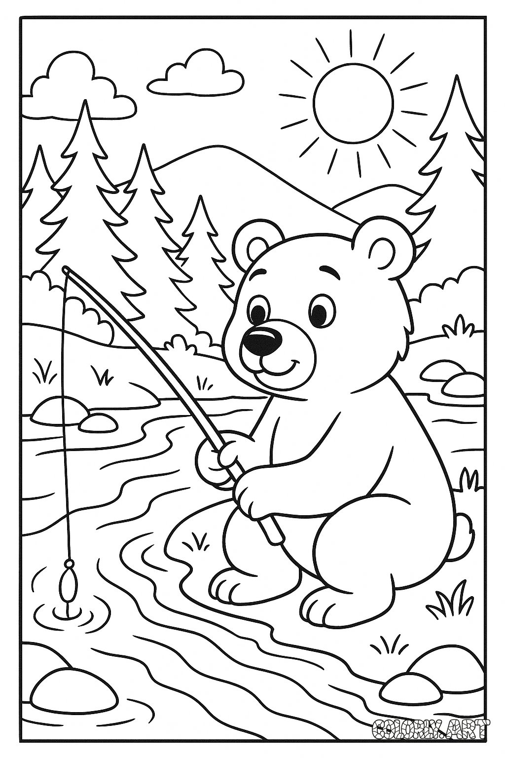 Bear Fishing Scene Coloring Book Page Colorly.art