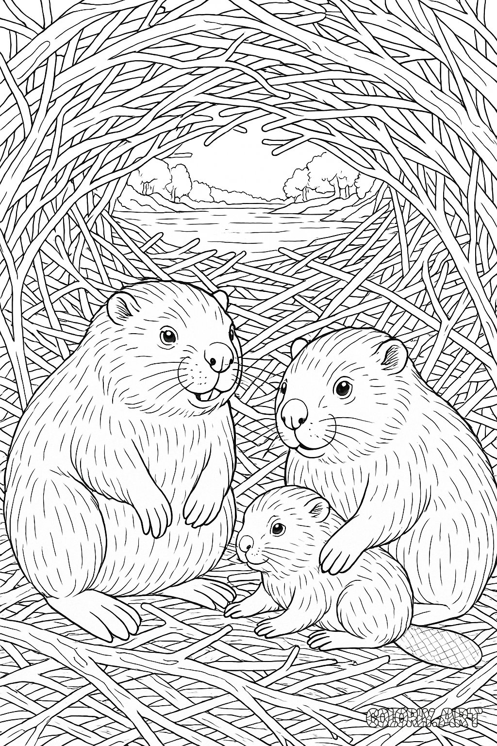 Beaver Family Inside Dam Coloring Book Page Colorly.art V2 