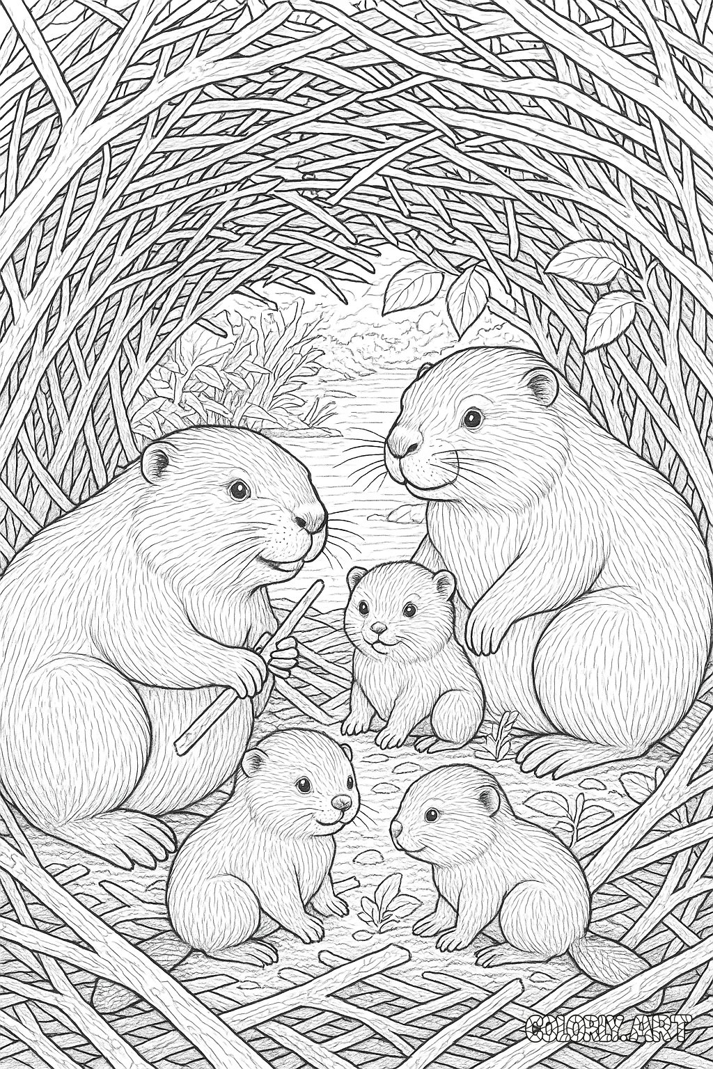 Beaver Family Inside Dam Coloring Book Page Colorly.art