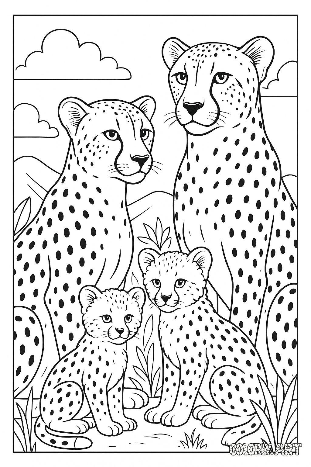 Cheetah Family Portrait Coloring Book Page Colorly.art V2 