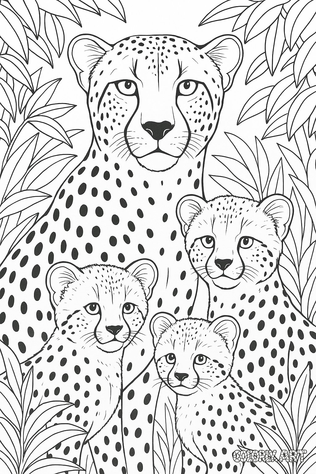 Cheetah Family Portrait Coloring Book Page Colorly.art