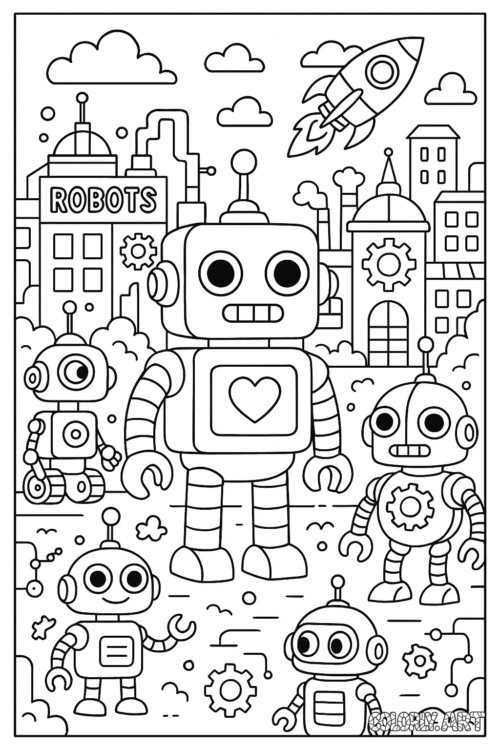 Coloring Robot Land Coloring Book Page Colorly.art