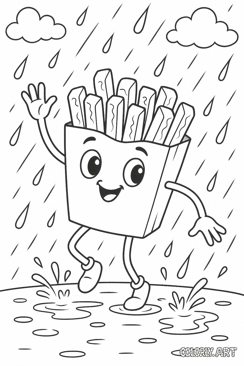Dancing Fry in Rain Coloring Book Page Colorly.art V2 