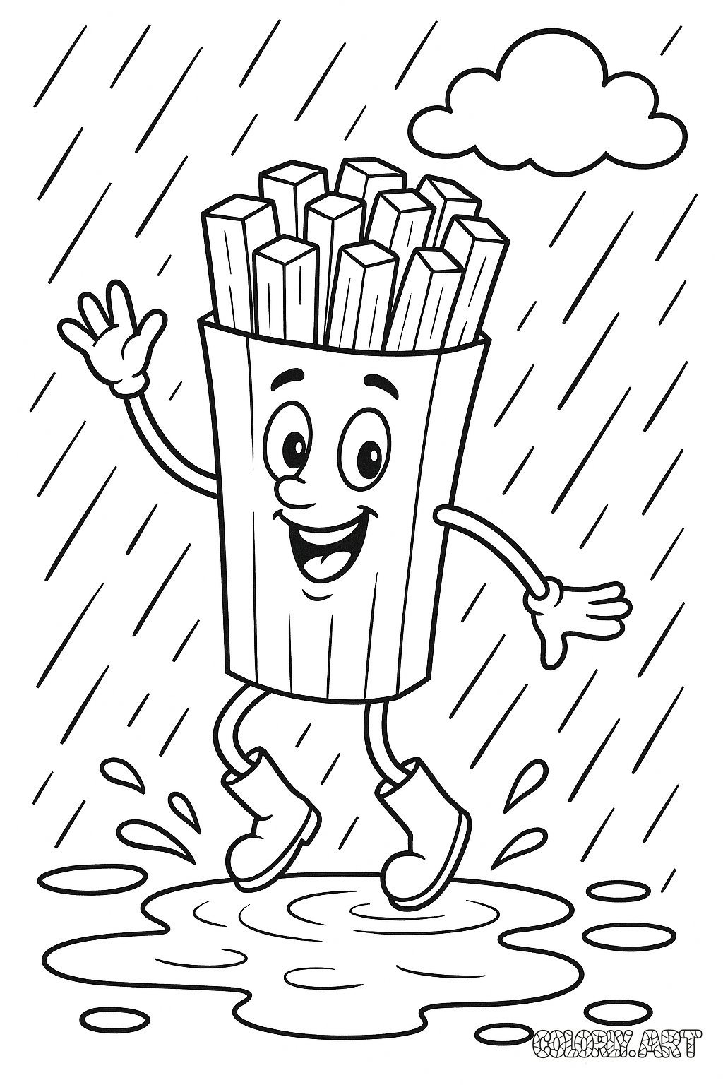 Dancing Fry in Rain Coloring Book Page Colorly.art