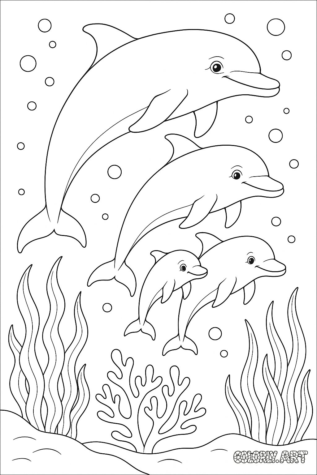 Dolphin Family Coloring Book Page Colorly.art