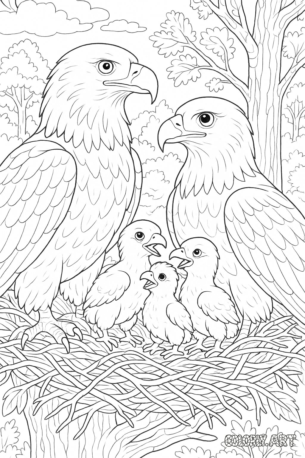 Eagle Family Nest Coloring Book Page Colorly.art