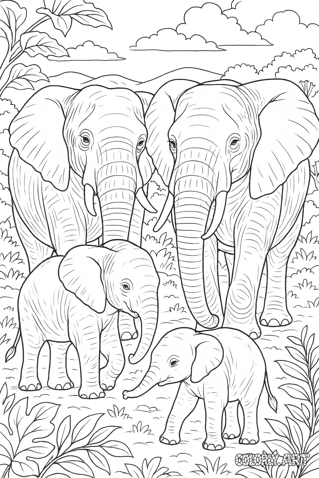 Elephant Family Portrait Coloring Book Page Colorly.art V2 