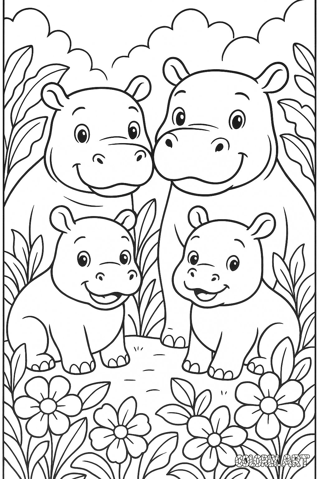 Family Hippos Coloring Book Page Colorly.art V2 