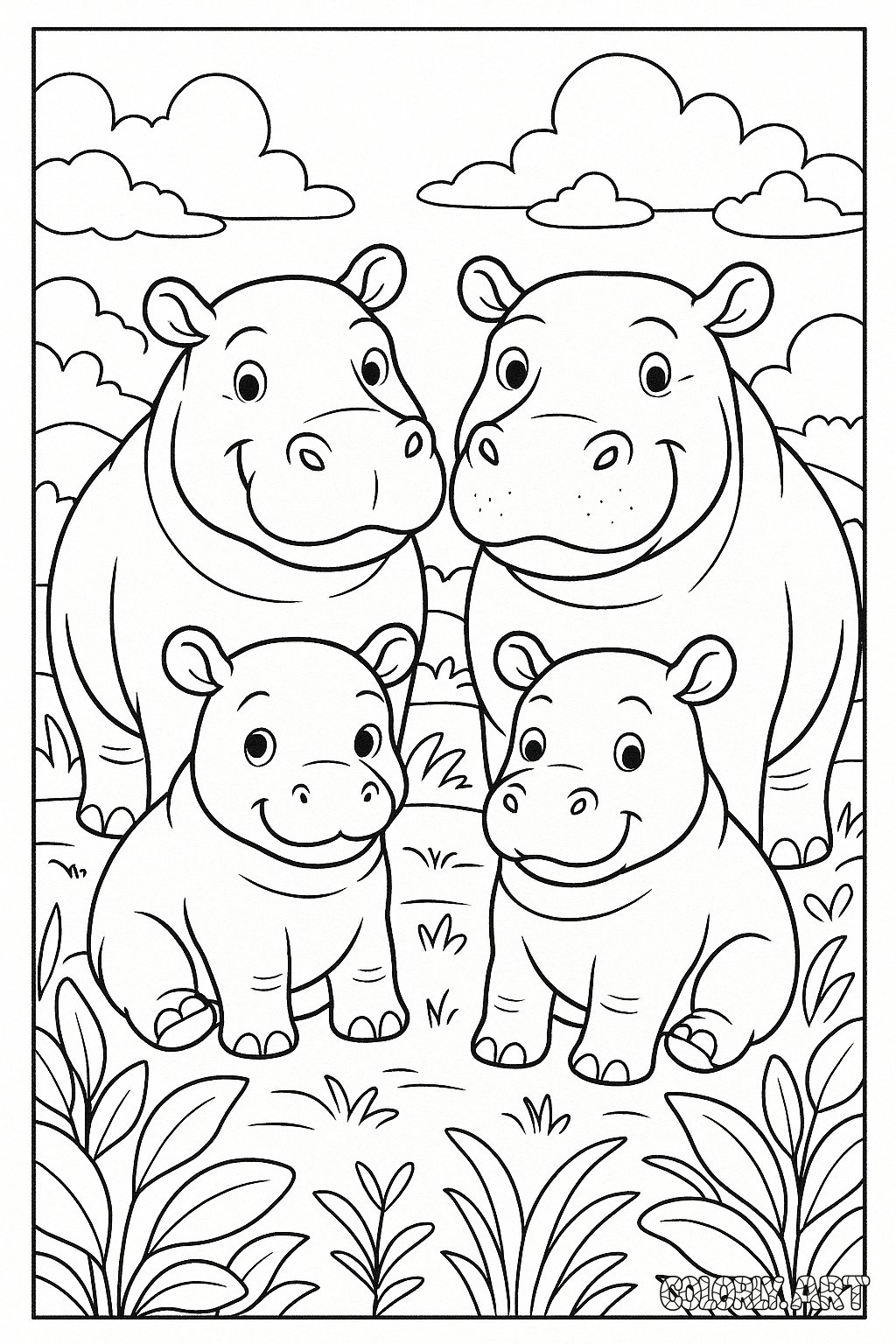 Family Hippos Coloring Book Page Colorly.art