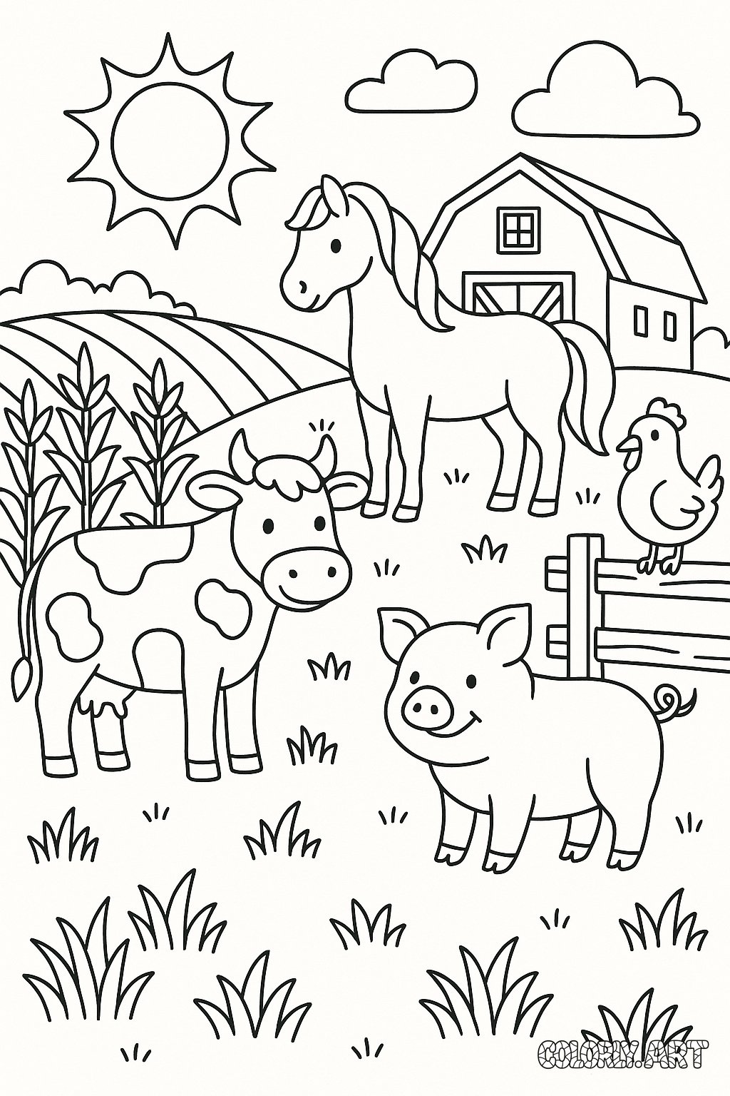 Farm Scene Coloring Book Page Colorly.art V2 