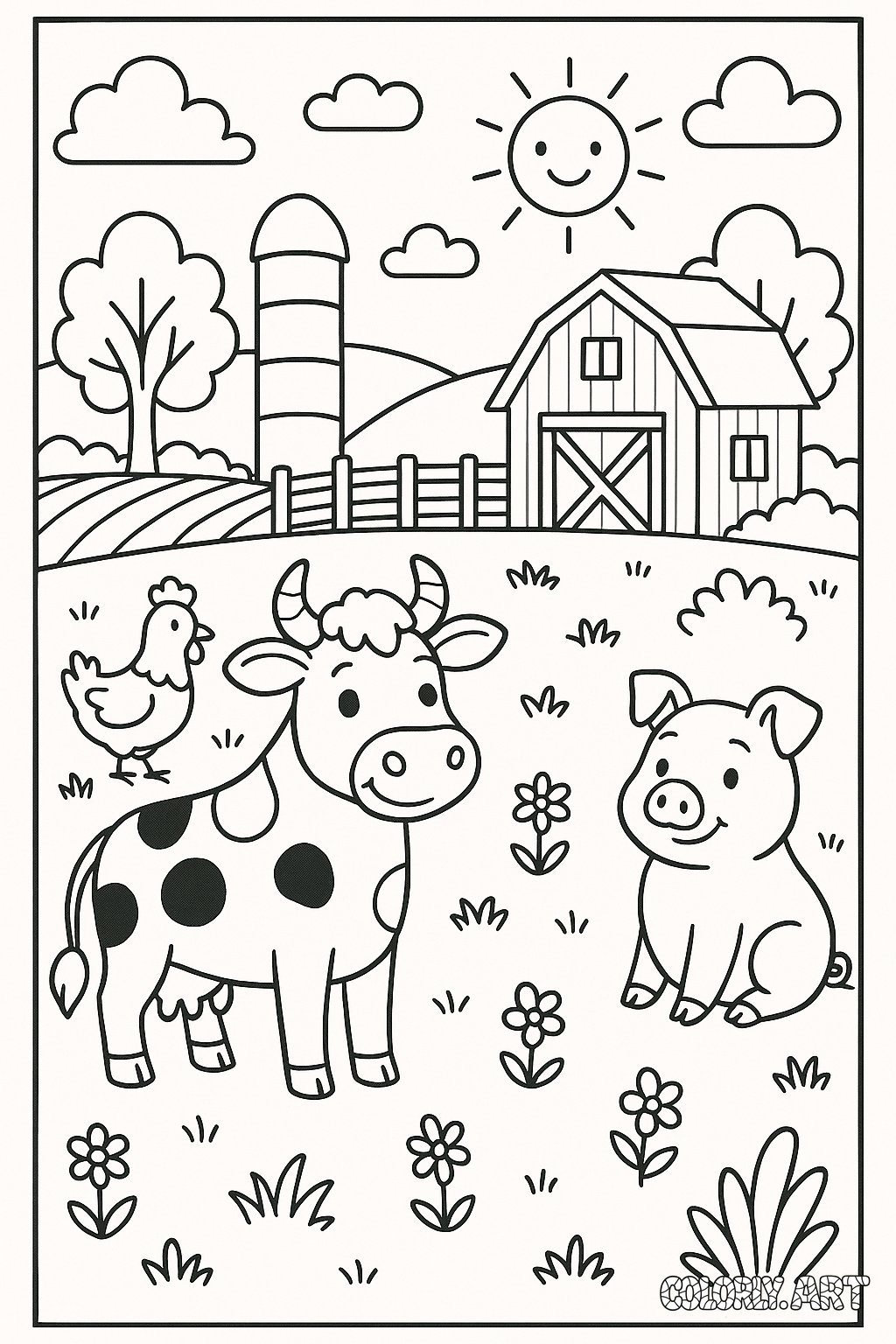Farm Scene Coloring Book Page Colorly.art