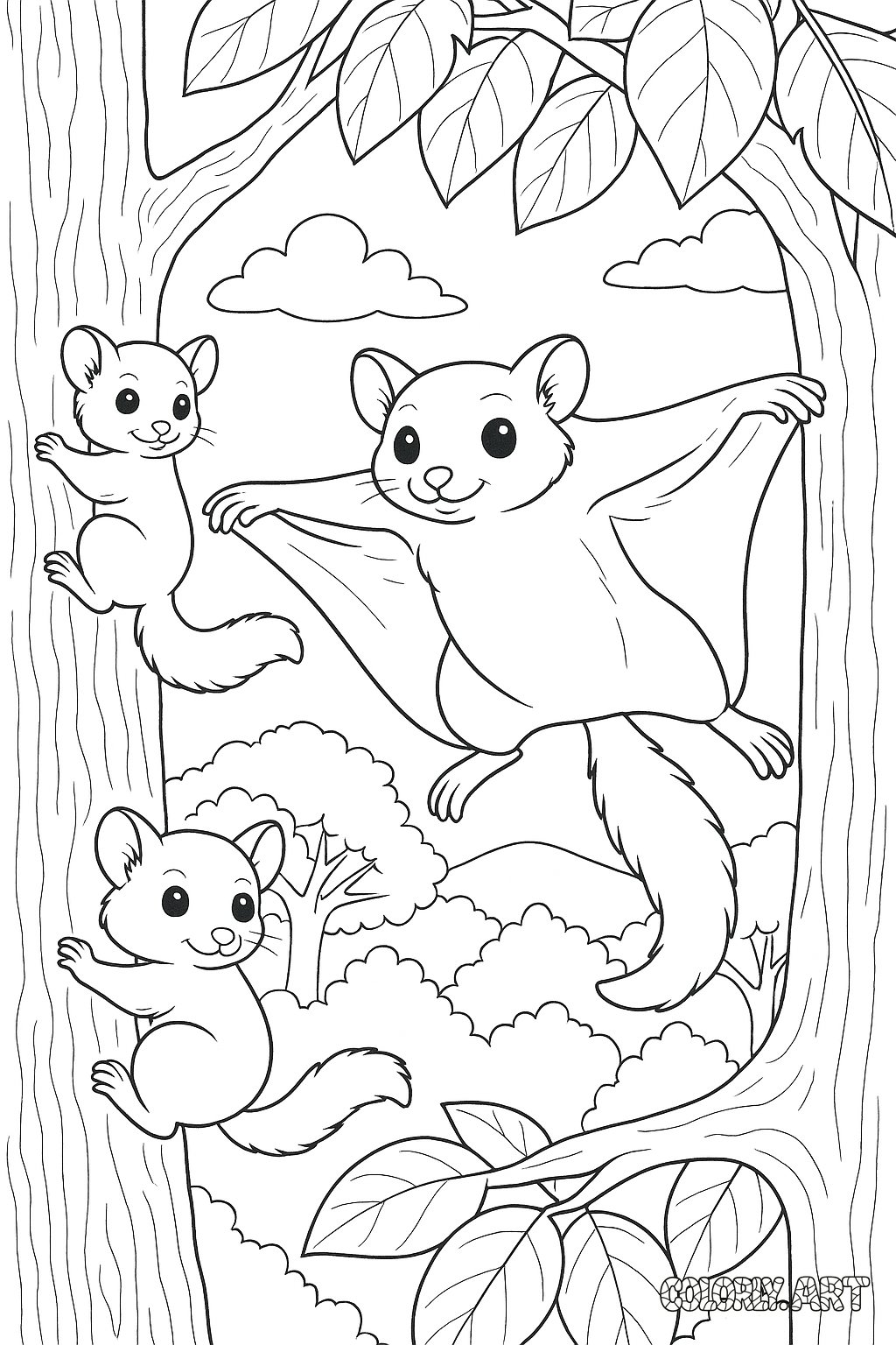 Flying Squirrel Family Coloring Book Page Colorly.art
