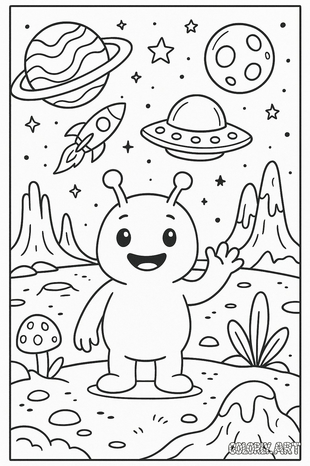 Friendly Alien Planet Coloring Book Page Colorly.art V2 