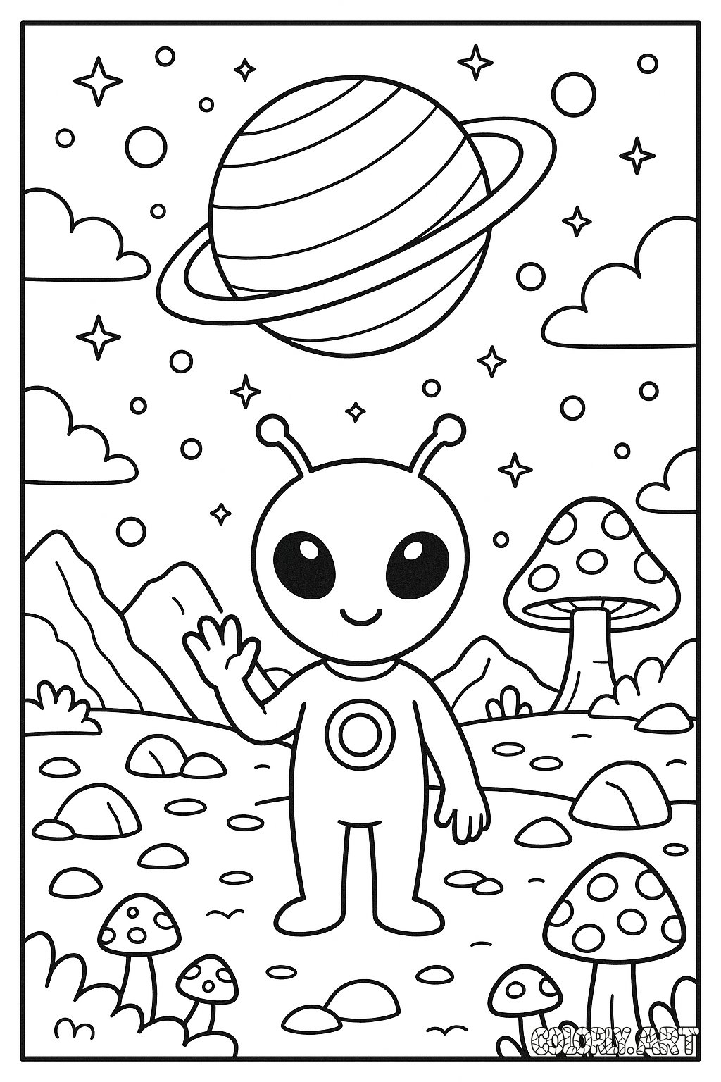 Friendly Alien Planet Coloring Book Page Colorly.art