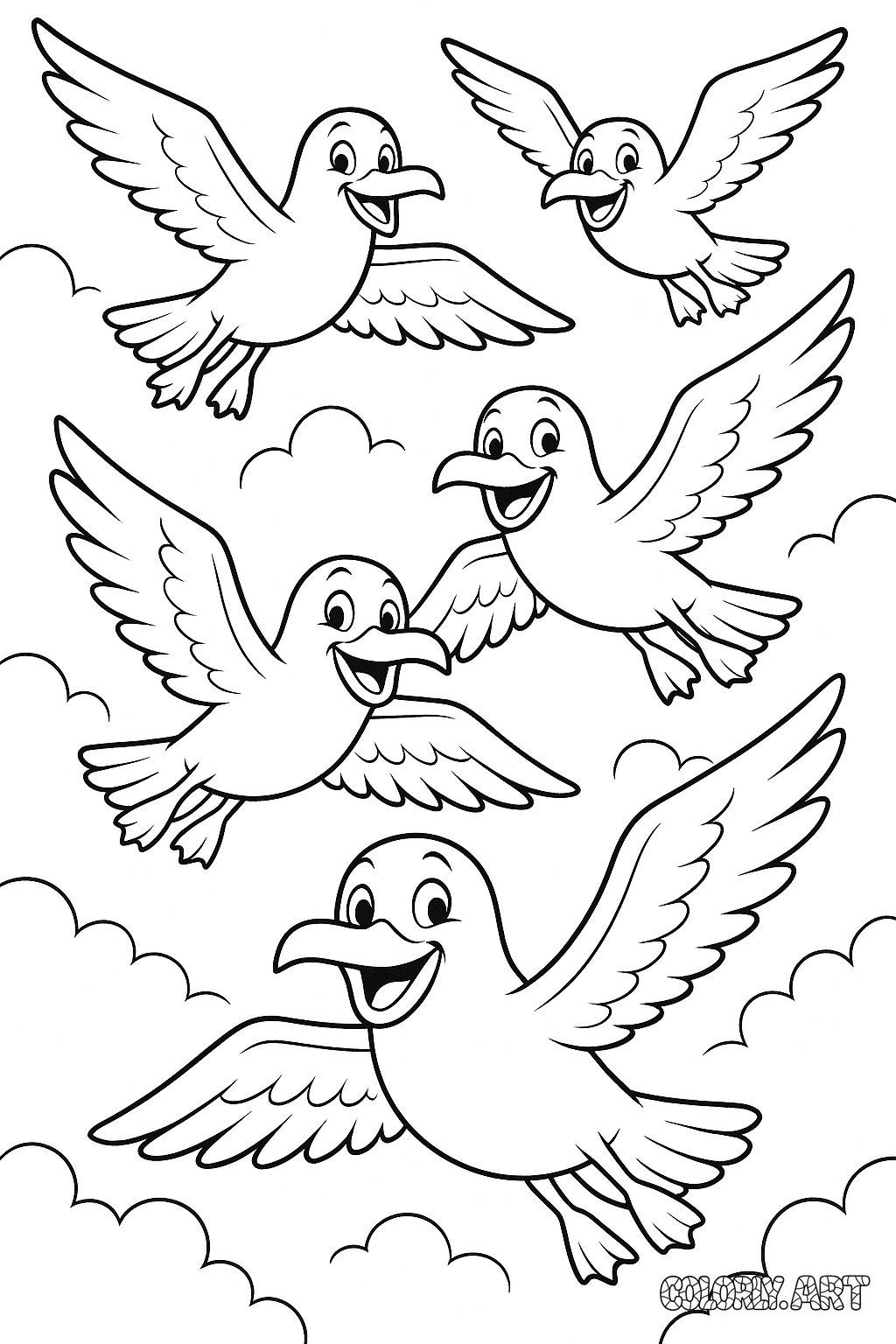 Happy Seagull Flock Coloring Book Page Colorly.art V2 