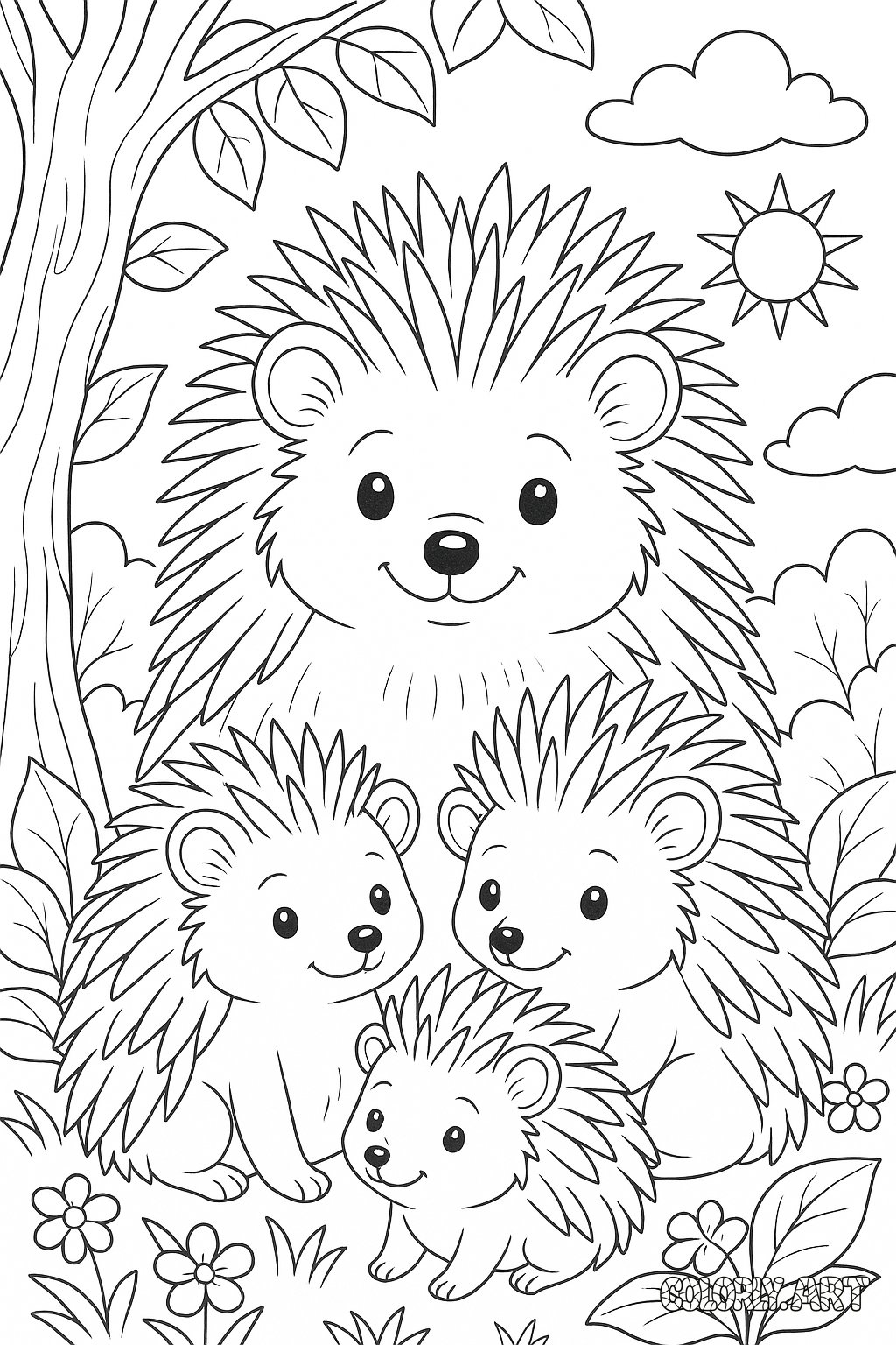 Hedgehog Family Coloring Book Page Colorly.art