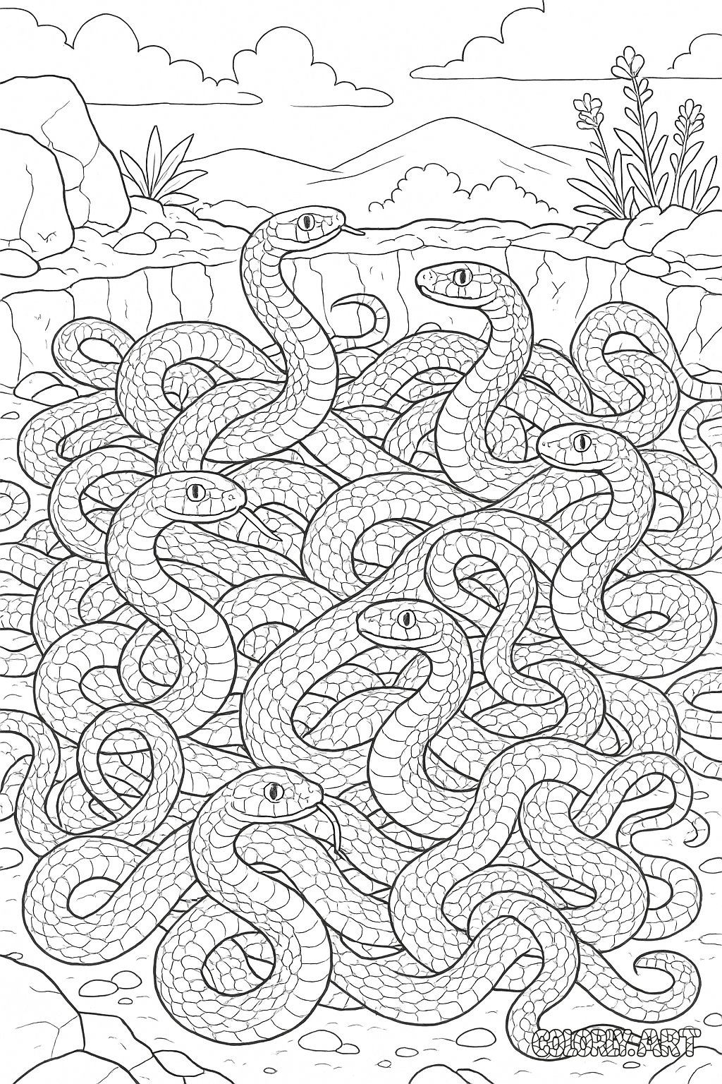Intricate Snake Pit Scene Coloring Book Page Colorly.art V2 