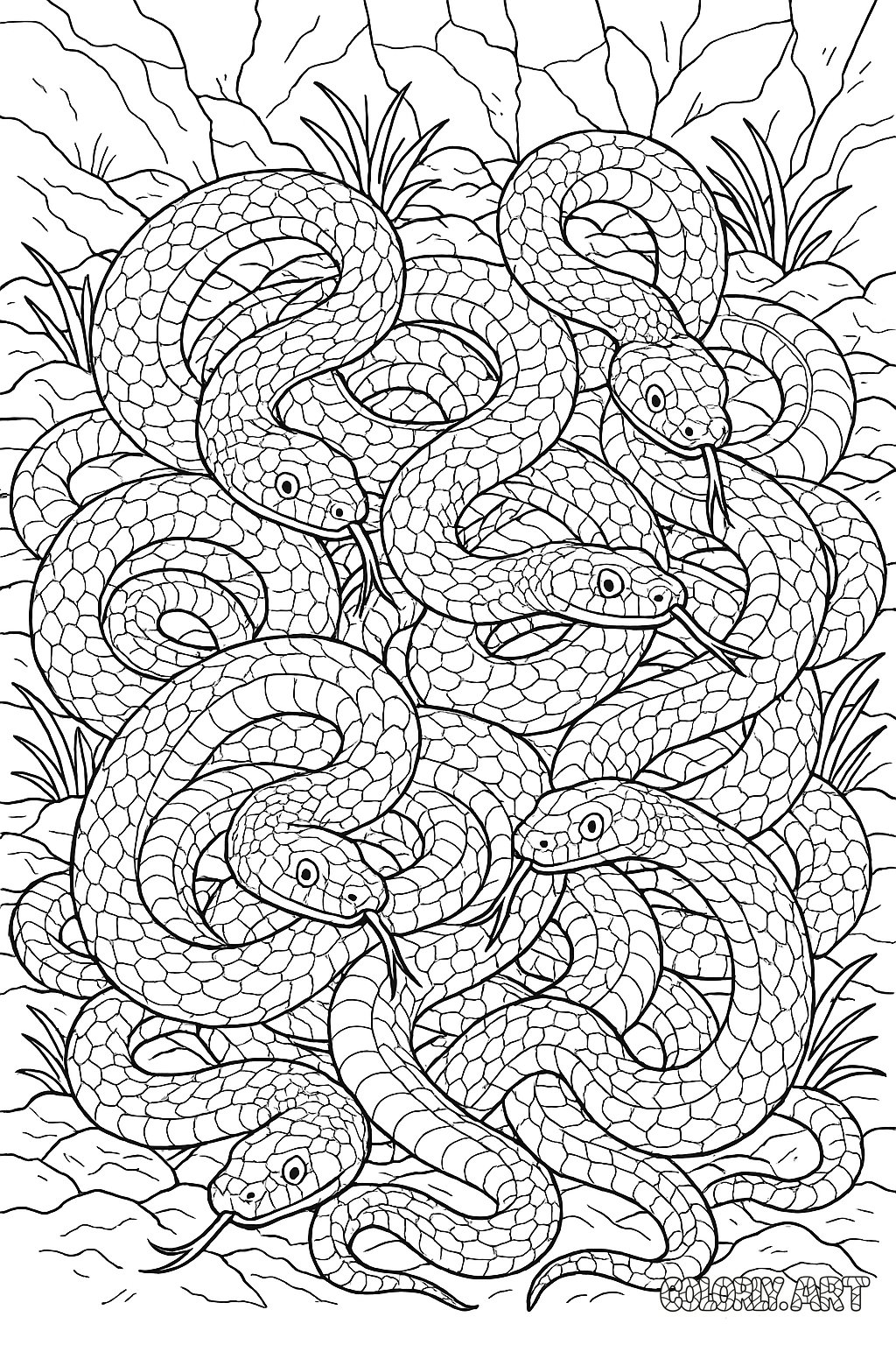 Intricate Snake Pit Scene Coloring Book Page Colorly.art