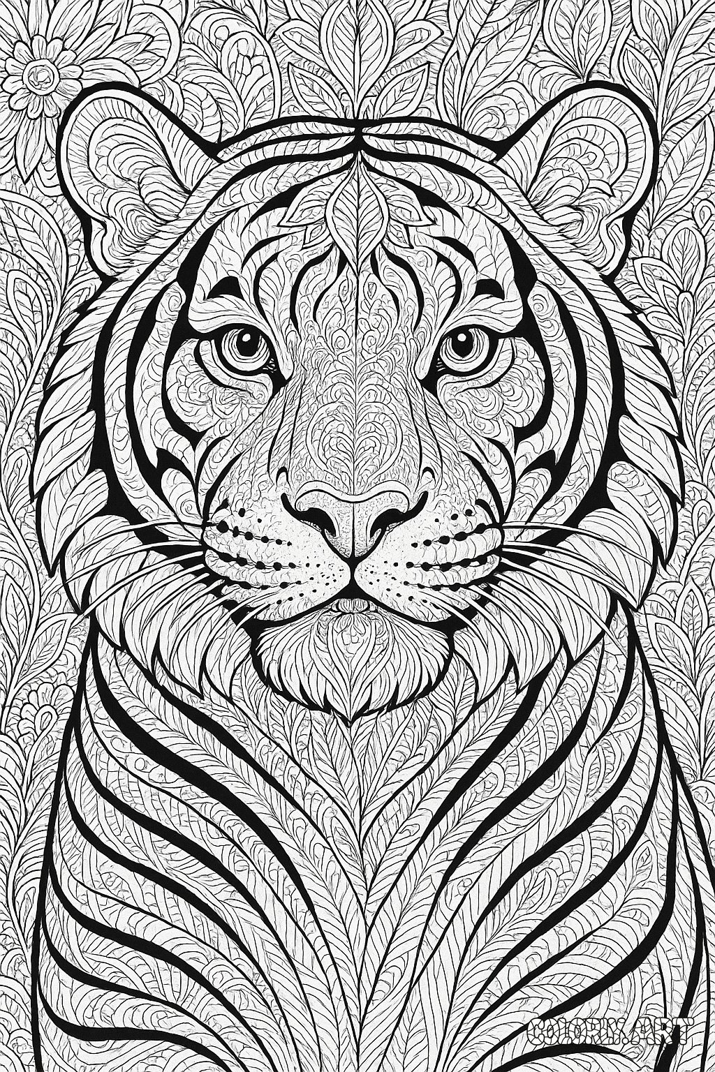 Intricate Tiger Pattern Coloring Book Page Colorly.art