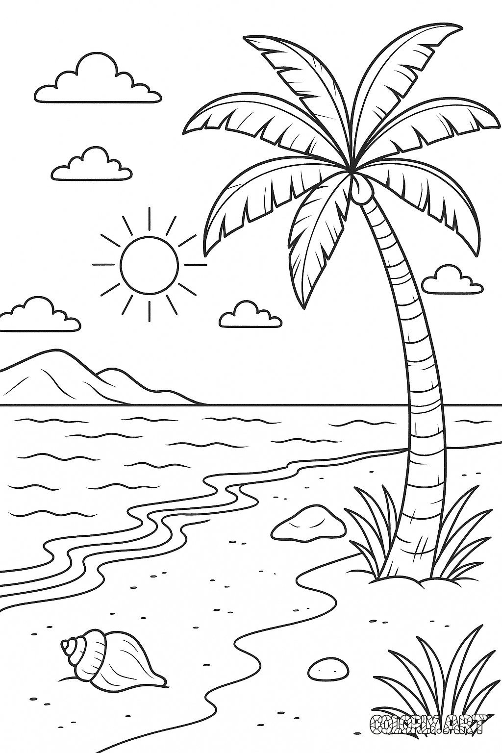 Island Beach Scene Coloring Book Page Colorly.art