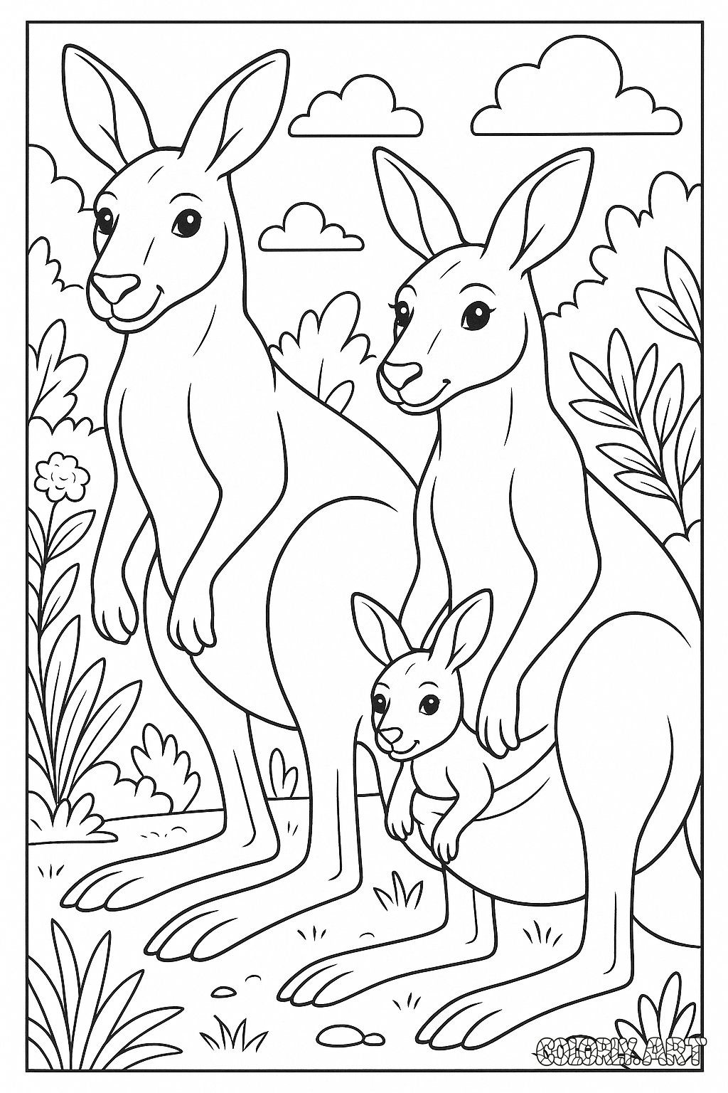 Kangaroo Family Coloring Book Page Colorly.art