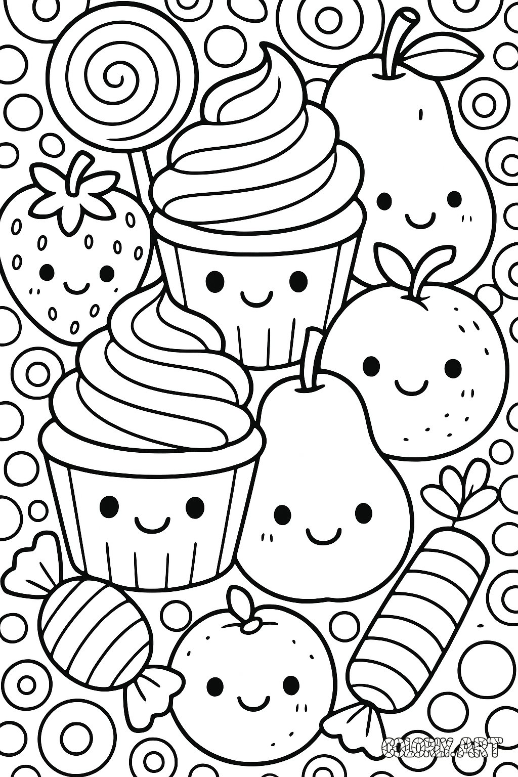 Kawaii Food Fiesta Coloring Book Page Colorly.art V2 