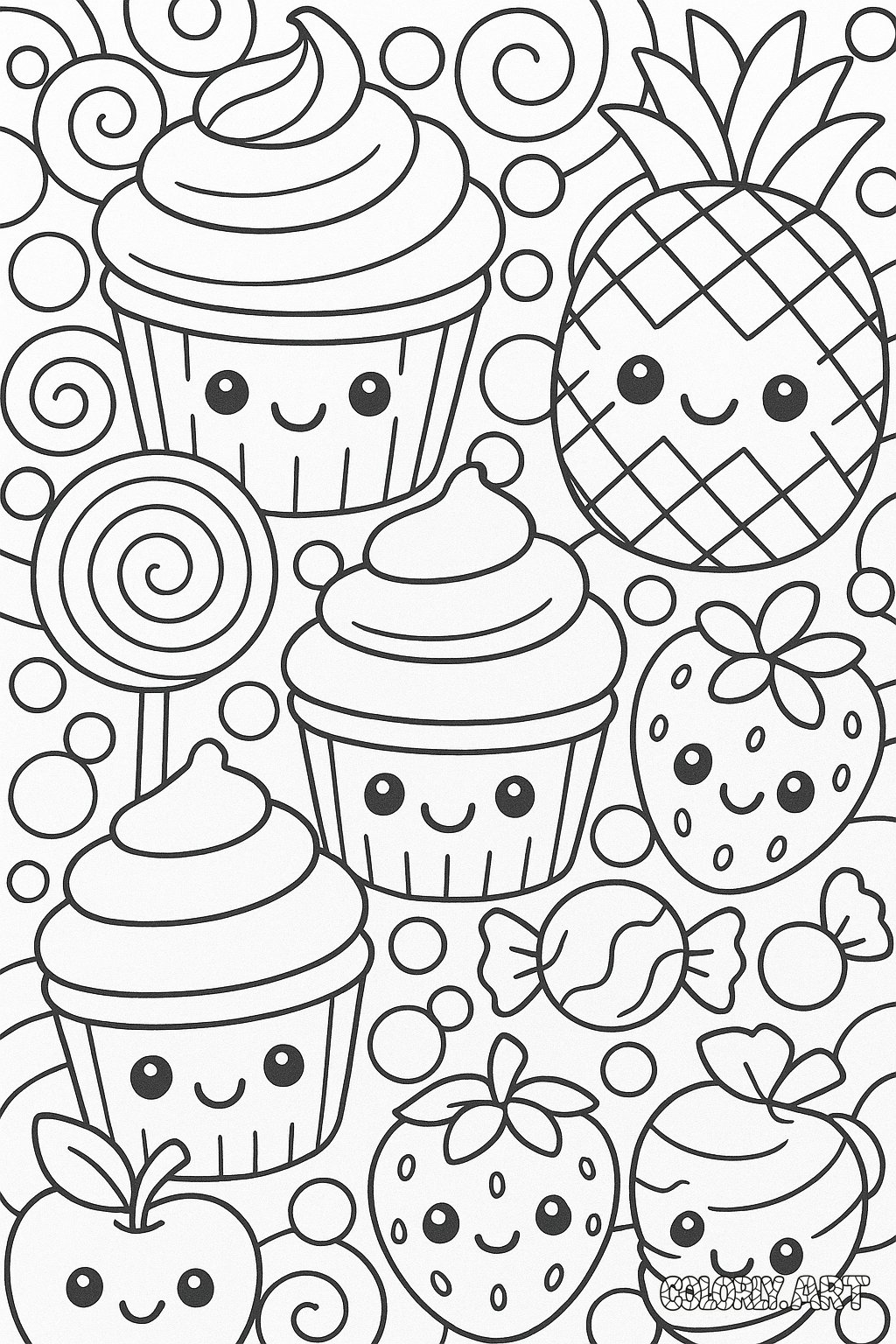 Kawaii Food Fiesta Coloring Book Page Colorly.art