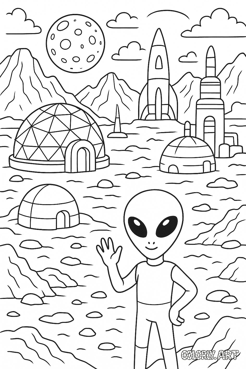 Mars Alien Colony Coloring Book Page Colorly.art V2 