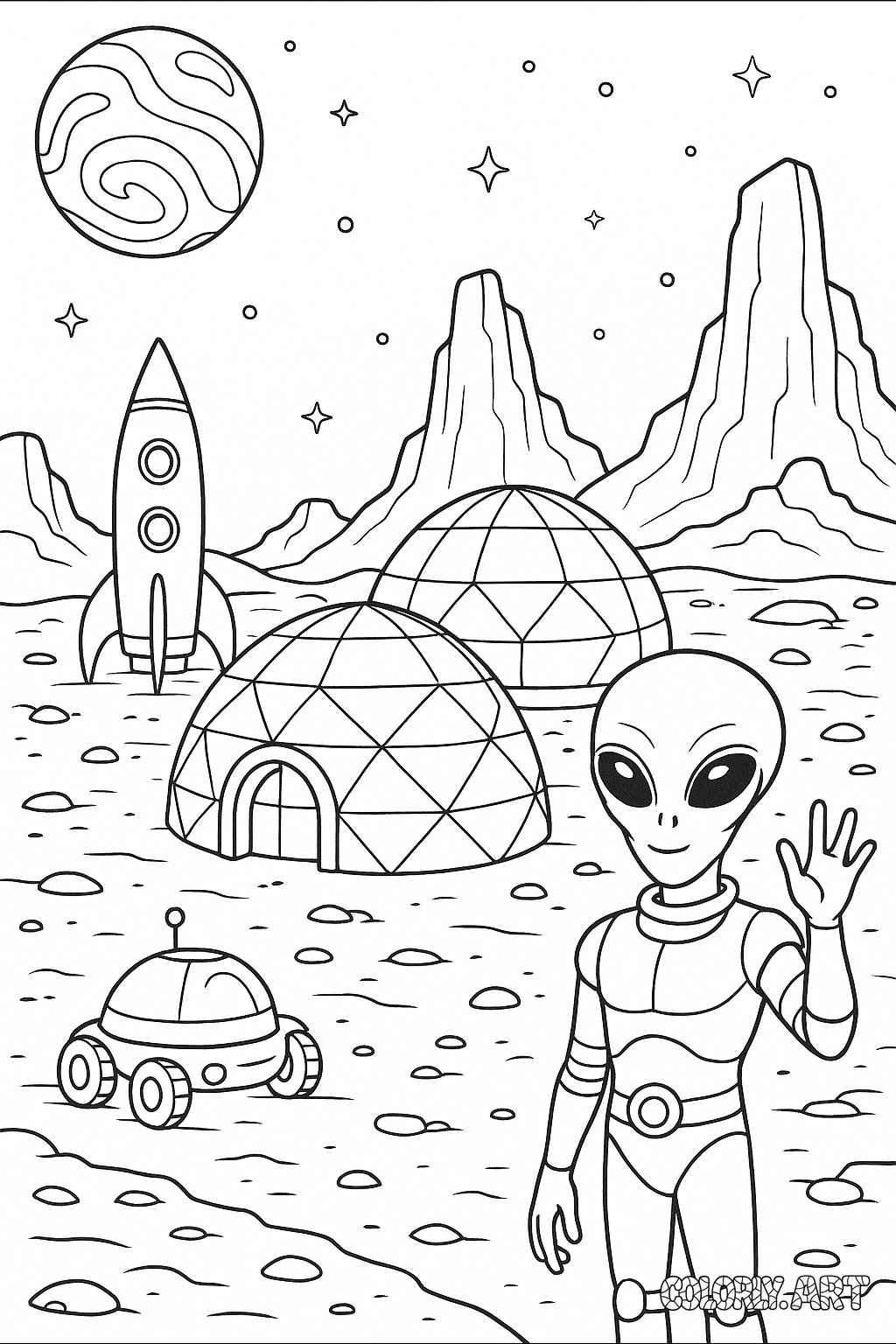 Mars Alien Colony Coloring Book Page Colorly.art