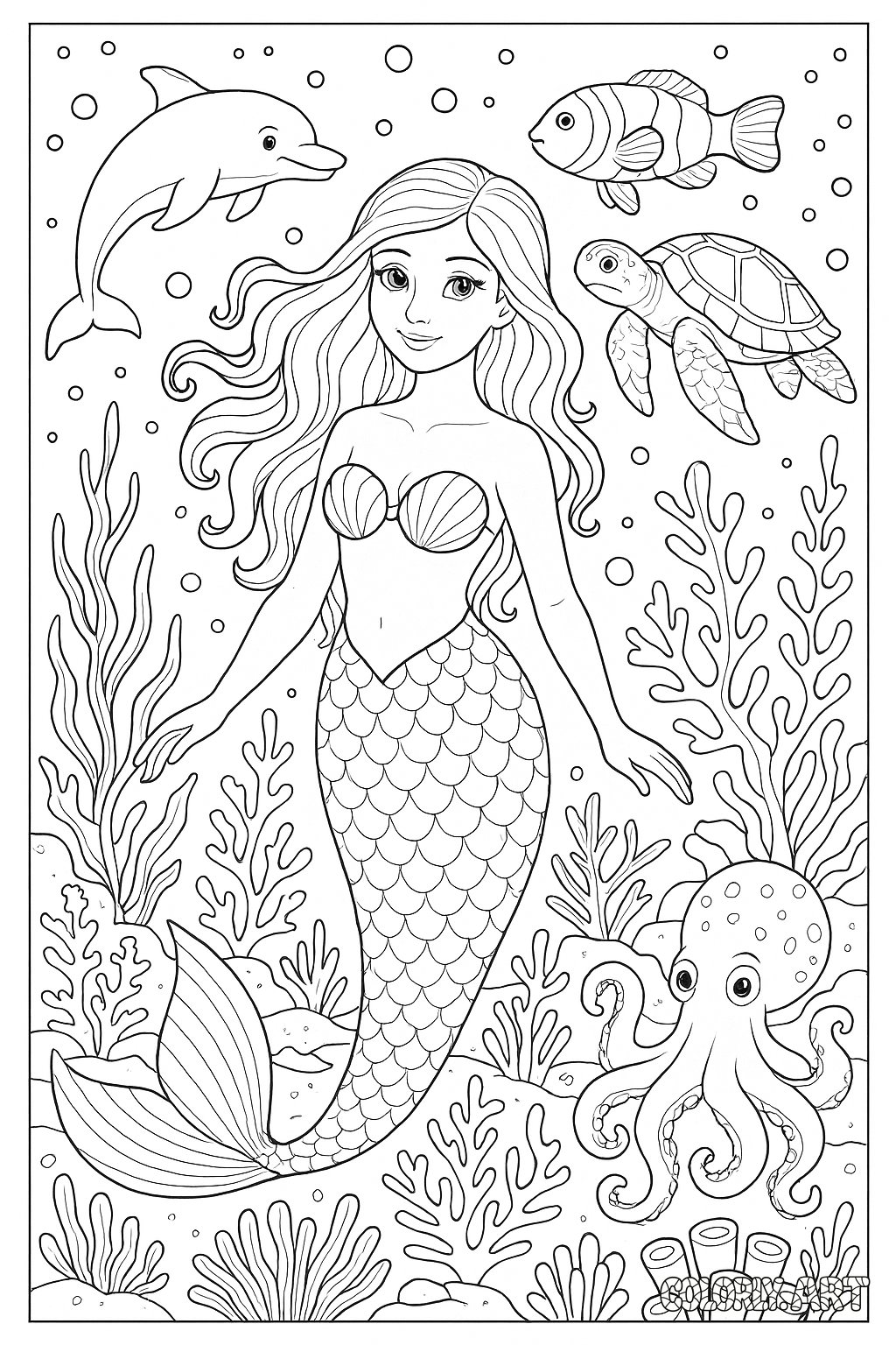 Mermaid and Sea Creatures Coloring Book Page Colorly.art V2 