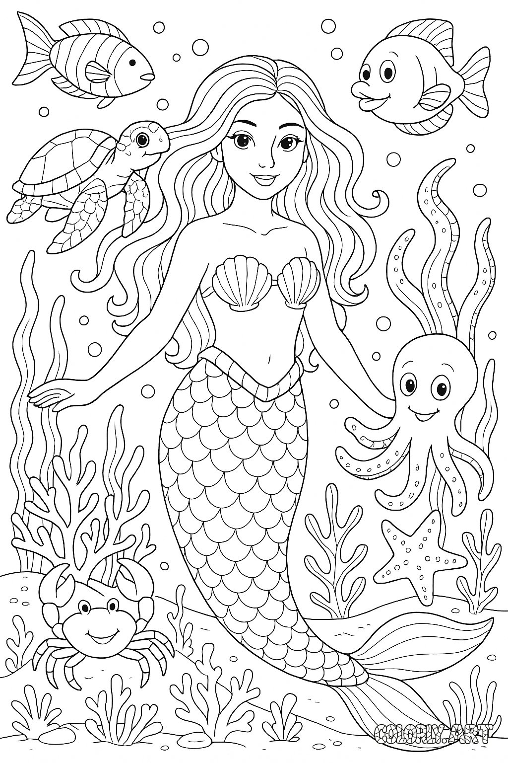 Mermaid and Sea Creatures Coloring Book Page Colorly.art