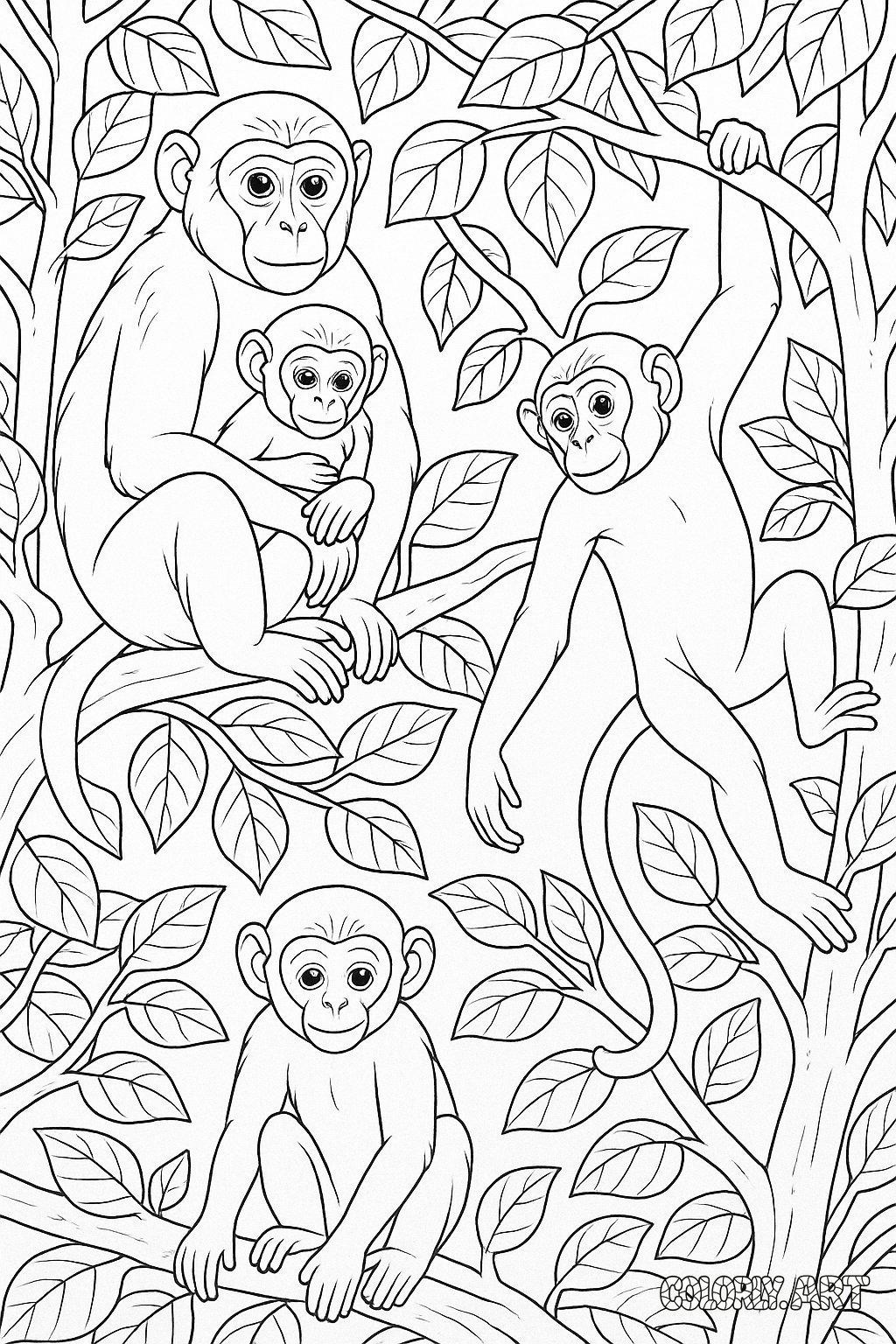 Monkeys in Trees Coloring Book Page Colorly.art V2 