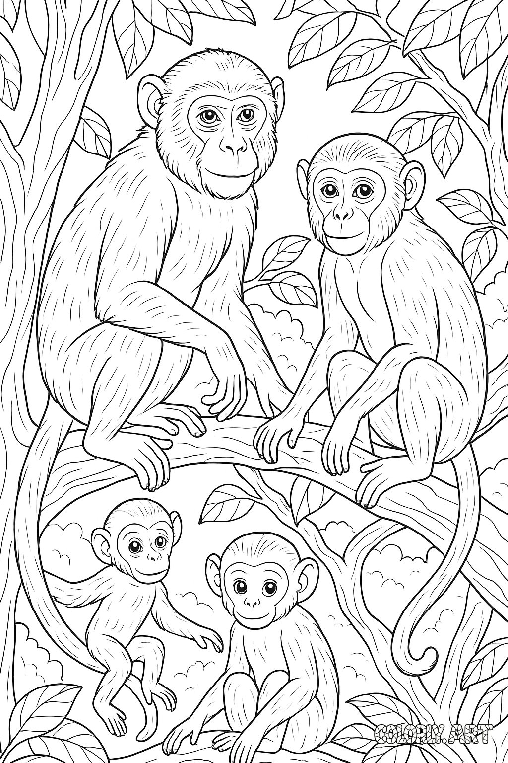 Monkeys in Trees Coloring Book Page Colorly.art