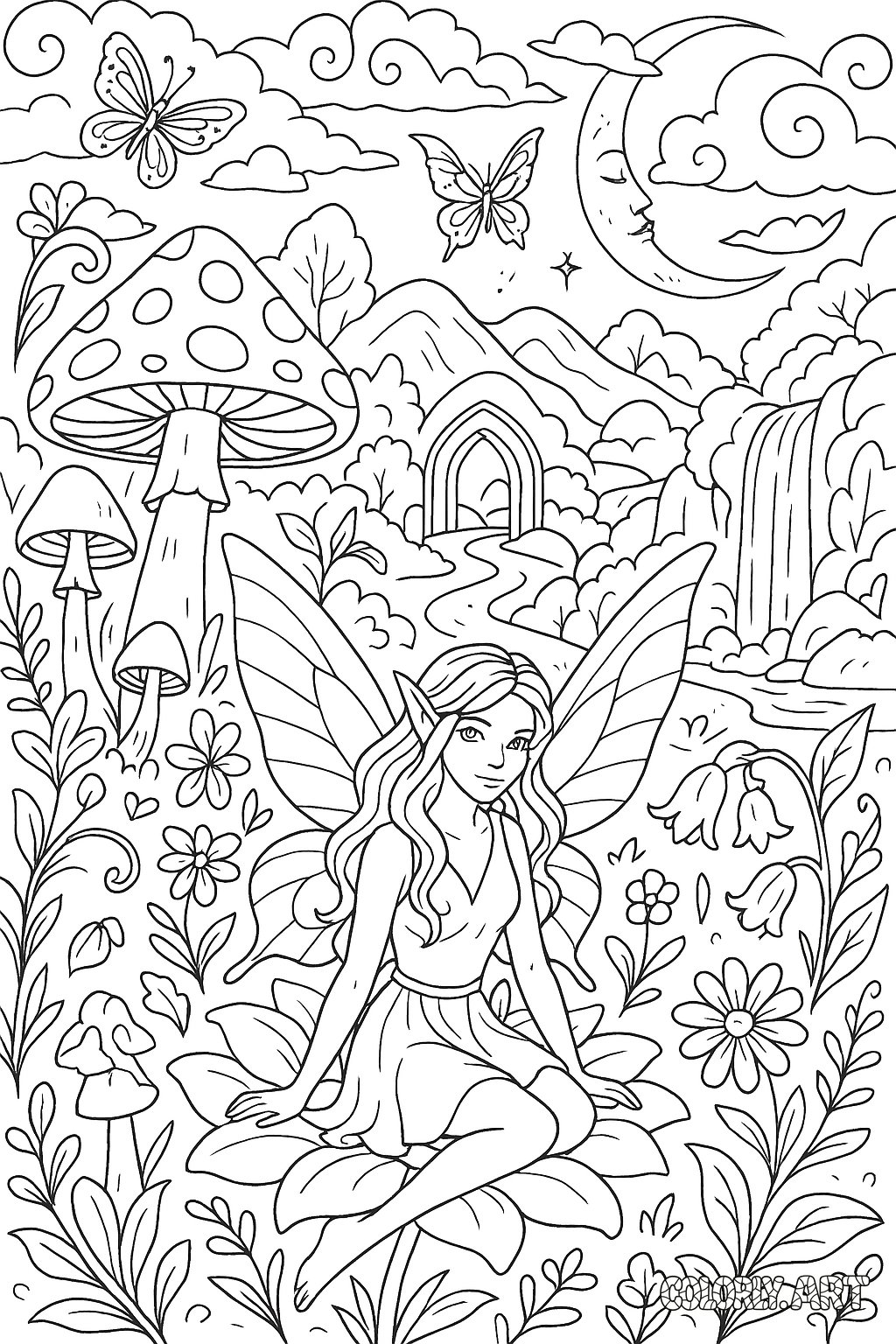 Mystical Fairy Land Coloring Book Page Colorly.art
