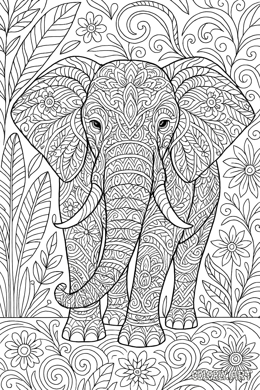 Patterned Elephant Coloring Book Page Coloring Scene Image Colorly.art