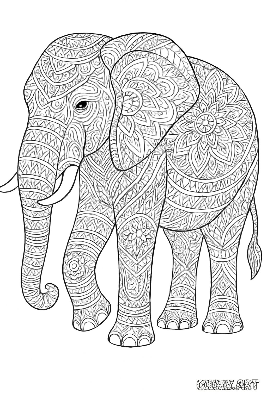 Patterned Elephant Coloring Book Page Colorly.art V2 