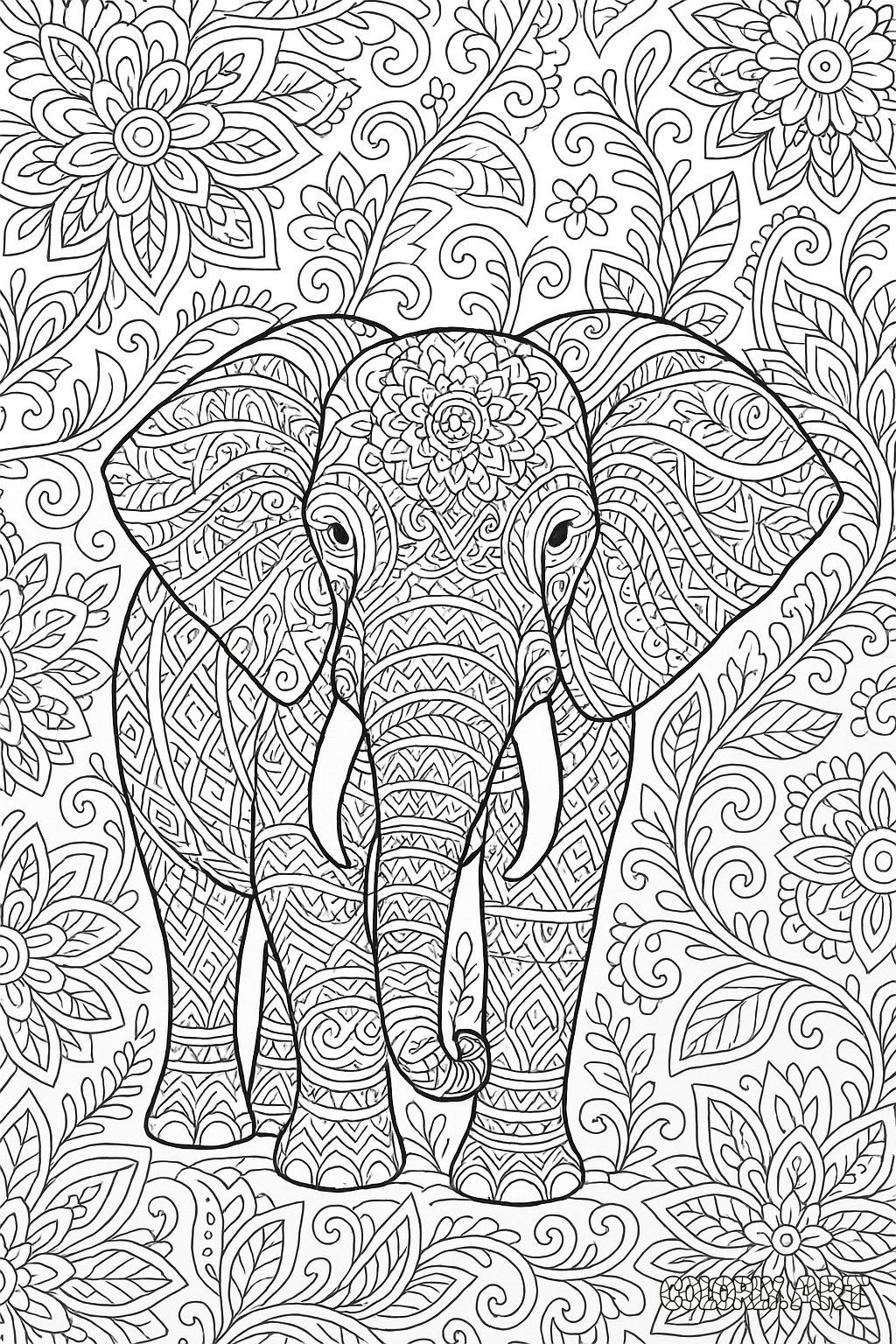 Patterned Elephant Coloring Book Page Colorly.art V3