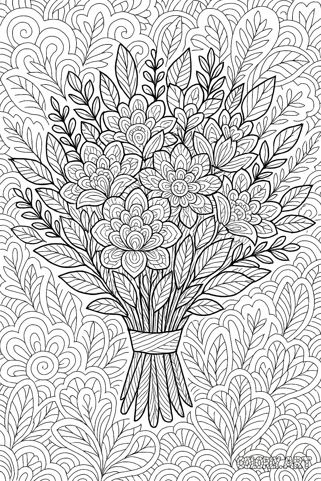 Patterned Flower Bouquet Coloring Book Page Colorly.art V2 