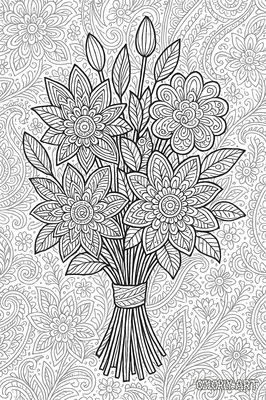 Patterned Flower Bouquet Coloring Book Page Colorly.art