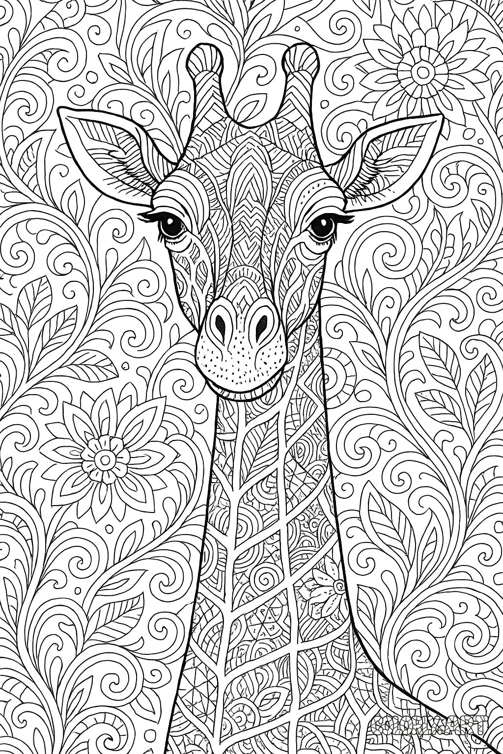 Patterned Giraffe Outline Coloring Book Page Colorly.art V2 
