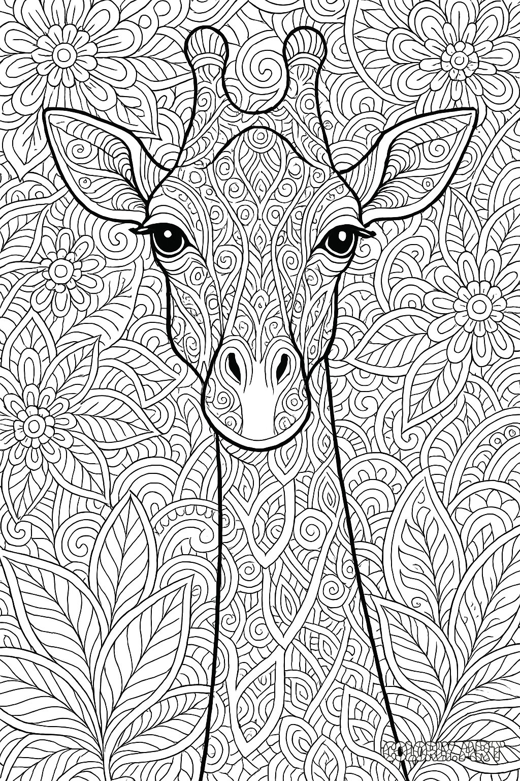 Patterned Giraffe Outline Coloring Book Page Colorly.art